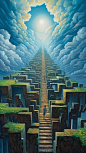 inspirational painting of the stairway to heaven, in the style of prismatic forms, mosaic-inspired realism, andreas rocha, junji ito, human connection, life force, bibliographic anomalies