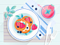 My lazy breakfast time afternoon tea vectorart vector tasty toast food flatdesign flat plant knife and fork strawberry juice fruit juice blueberry strawberry muffin pancake breakfast afternoon illustration design