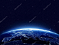 Earth at night as seen from space with blue, glowing atmosphere and space at the top. Perfect for illustrations.  Elements of this image furnished by NASA