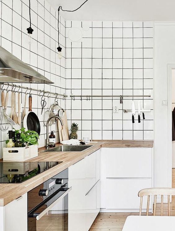 Subway tiles, wood a...