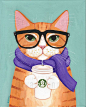 Ginger Coffee Hipster Cat Original Folk Art Painting by KilkennyCat Art, $55.25 USD Copyright © Ryan Conners