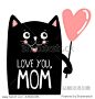 Kawaii black cat with heart, greeting card for Mothers Day, love you mom lettering