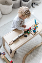 Rafa-kids Bench as a Toddlers' Table. #playroom #playroomideas #kidsplayroom #kidscreativeroom #childrensplayroom #neutralkidsplayroom