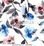 Watercolor and ink illustration of flowers in style sumi-e, u-sin. Oriental traditional painting.  Seamless pattern.