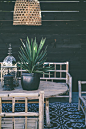 Tile floor, dark burnished plant, woven lamp... seriously stylish and beautiful under a pergola: 