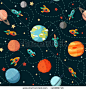 Seamless space pattern. Planets, rockets and stars. Cartoon spaceship icons. Kid's elements for scrap-booking. Childish background. Hand drawn vector illustration.  - stock vector