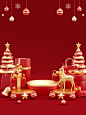圣诞麋鹿礼物盒圣诞树红色促销展台立体背景