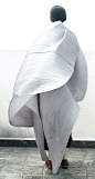 Voluminous Fashion with fine pleated textures and loose drape; sculptural fashion design // Issey Miyake