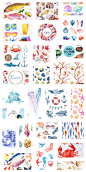 Ai矢量素材手绘水彩夏日海洋动物帆船海螺海鲜珊瑚螃蟹填充图案-淘宝网