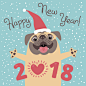 Happy 2018 New Year card. Funny pug congratulates on holiday. Dog Chinese zodiac symbol of the year