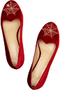 Charlotte Olympia 正红色麂皮绒面平底鞋，今年大热的乐福鞋款式，绣有蜘蛛网图案，缀有合金与钻制小蜘蛛。 售价:5068元