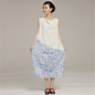 MissEgg原创设计新品夏白衣极简撞色青花瓷拼接荡领灯笼连衣长裙