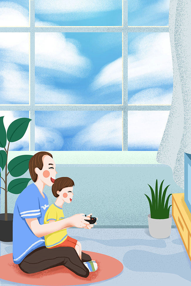 父亲节蓝色手绘陪女儿打游戏的父亲背景