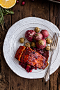 Maple Bourbon Glazed Salmon w/Sweet Cranberry Chutney + Salt Roasted Potatoes.