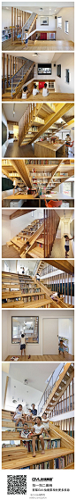 #Panorama House# 大楼梯空间包括了楼梯、书架、休闲阅读空间、家庭影院、滑梯等功能，业主非常满意这个设计，从想法的提出到最终的实现基本没怎么修改。楼梯踏步间的空隙填满了书籍，楼梯的一侧设置了一部滑梯，楼梯的下面作为孩子们的学习空间。看看这些照片，孩子们看来很喜欢这个家哦！（2-2）
