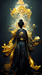 令人惊叹的女神，概念人物，美丽，令人惊叹，黑色和金色长袍，薄雾，辐射力量，能量，神光，发光，分形，详细，詹姆斯·琼，晃，satochi con