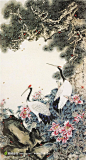 中国风古朴工笔画仙鹤松树牡丹高清图片