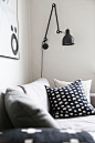 Black and white with elephant pillows.