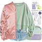 A fashion look from March 2017 featuring green sweatshirt, light pink bomber jacket and ripped jean shorts. Browse and shop related looks.