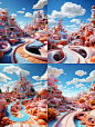 Super Road 3D children's playground scene photos,Real photograph,Winding cartoon road,S-shape composition,Extra long shot,Sky blue and pink,Sky blue and orange,Studio lighting, C4D, Blender --no building --ar 3:4 --s 750