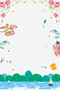 春季手绘花朵与山水装饰边框 免费下载 页面网页 平面电商 创意素材