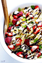 5 Ingredient Strawberry Caprese Pasta Salad | gimmesomeoven.com #easy #recipe #vegetarian