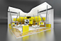 ZANUSSI exhibition stand : Design concept of the Zanussi booth grows step by step from the first idea of the colorful stripes that cover the meeting and utility rooms, than it gets the special wooden separation walls carried the video screens and at the l