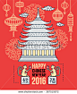 Chinese New Year flat thin line greeting card template. Temple pagoda house, lantern, firework, monkey. Chinese New Year 2016 linear minimal modern stroke vector concept. Web, banner, poster, flyer