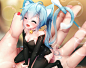 animal_ears aqua_hair bai_yemeng bell catgirl cat_smile choker cropped fang hatsune_miku long_hair ponytail possible_duplicate skintight tail tattoo thighhighs vocaloid