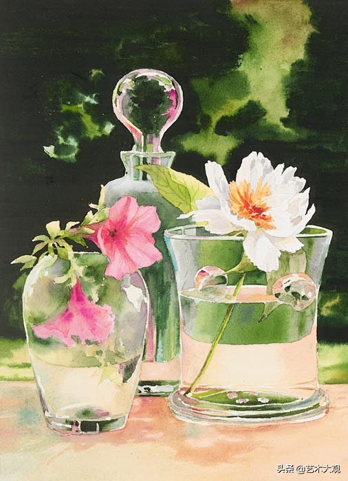法国女画家德尔菲娜写实静物玻璃瓶花卉水彩...