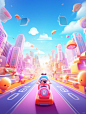 a short video showing an animated city with cartoon characters riding the street, in the style of soft edges and blurred details, kawaii art, blown-off-roof perspective, rtx, bright colors, bold shapes, photorealistic rendering, light magenta and sky-blue