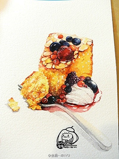 水果蛋糕水彩手绘过程⑨ @金鱼酱-JIN...