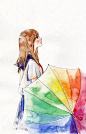 水彩 彩虹 伞 学生 女孩