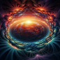 A painting of heaven, clouds and mountains through a hole, in the style of time - lapse photography, mind - bending illusions, hyper - detailed illustrations, swirling vortexes, richly colored skies, dark cyan and gray, spectacular backdrops