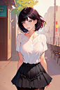 Anime 2048x3072 black skirts T-shirt short hair dark hair dark elf black pantyhose blue eyes looking at viewer AI art anime girls