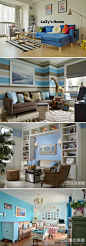 【完美客厅】原木色配粉蓝色，清新可人，大量的隔板也可以放很多杂物，顺便装饰了背景墙哦！更多完美客厅~~>>http://t.cn/zQMdiRR