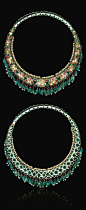 India ~ Rajasthan, Bikaner Maharani torque necklace (Hasli); diamonds, rubies and emeralds set in green enamel using the kundan-mina technique with an inner edge of pearls set in gold cups and an outer fringe of emerald beads, the reverse decorated with a