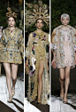 Dolce&Gabbana Alta Moda FW 2015。仿佛来自异域的公主贵妇们穿着各色花朵图案、金线刺绣的裙子，戴着华丽的头冠， 缓缓步入晚宴。