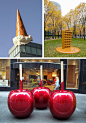 Giant Candy Apples By street artist Celso. Waffle by Martha Friedman. Dropped cone by Claes Oldenburg and Coosje van Bruggen.