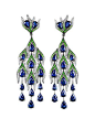 Grand Pheasants Earrings  White Gold with Sapphires, Tsavorites and White Diamonds.