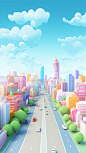 This is a background picture of a website promotion. The overall hue is bright and clean, with a road in the center that leads to the far end of the map, with buildings and Viridiplantae on either side. The Sky is light blue. simple layout, simple 3D engi