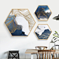 苍海静新中式蓝色抽象六边形客厅装饰画大气金色线条挂画意境壁画-淘宝网