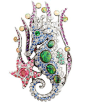 Mathon Paris 'Hippocampe' necklace / brooch in White gold with Diamonds, Emeralds, Sapphires, Pink and purple sapphires, White and Black opals and Paraiba tourmalines: 