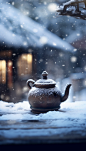观雪煮茶冬日雪景二十四节气小寒摄影图