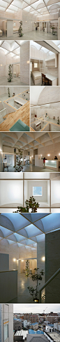 日本takeshi hosaka architects事务所设计的横滨“日光住宅（daylight house）”，供一家四口居住。建筑内部是一个大的高挑房间，书房，卧室等房间分布在四周。为了尽量多得引进自然光线，屋顶安置了29个天窗，并用白色天花板将光柔和的扩散开来。