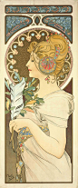 Alphonse Mucha (1860~1939) 阿尔方斯· 穆夏 捷克新艺术运动的领航画家之一，他的作品跨越了多个艺术领域，插画、广告、明信片、珠宝设计、建筑设计以及油画等。1939年，在被德军拘捕期间患上肺炎，同年7月因病逝世，享年78岁。