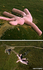 一个名为Gelatin的意大利艺术团队花费了五年的时间织出了这个200英尺长20英尺高的玩具兔子，兔子的肚子里填满了稻草，躺在意大利阿尔卑斯山脉的一片草地上。不知道姿势和表情是不是故意配套的，真是很有喜感。大家在google map http://t.cn/htp4s 输入44 14'39.77"N 7°46'10.71"E，就能看见哦！