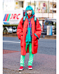 #原宿街拍# Japanese Pop Idol Miochin in Harajuku w/ Aqua Hair, Grapefruit Moon Coat, Kinji Green Jeans & Converse O网页链接 ​​​​