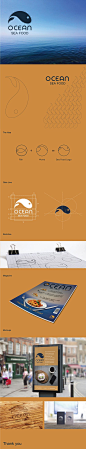 Ocean is a logo and identity for a group restaurants, the logo idea taken from the sea wave and shape of a fish: 