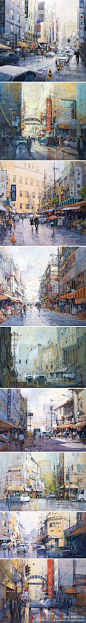 [【绘画】都市水彩风景欣赏] - 湿润的城市，孤独的背影。作者：水彩画家Ian Ramsay